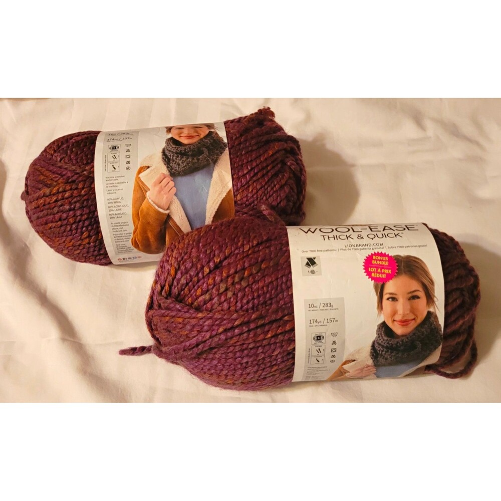 New 2 Qty Lion Brand Wool-Ease Thick & Quick Super Bulky Yarn Crushed Violets
